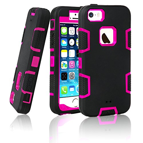 Elegant Choise Compatible iPhone 5S Case, iPhone SE Case, iPhone 5 Case, 3 in1 Shock Absorbing Case, Rubber Combo Hybrid Impact Silicone Armor Hard Case Cover (Black)