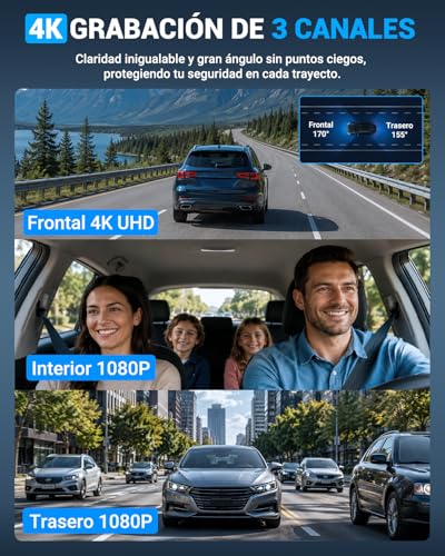 VISAUTO C40 Dashcam para Auto de 3 Canales, 4K +2.5K+1080P Camara para Carro con Visión Nocturna, WiFi 5Ghz, GPS, Tarjeta de 64 GB, 24H Monitor de Estacionamiento, Sensor G, Grabación en Bucle