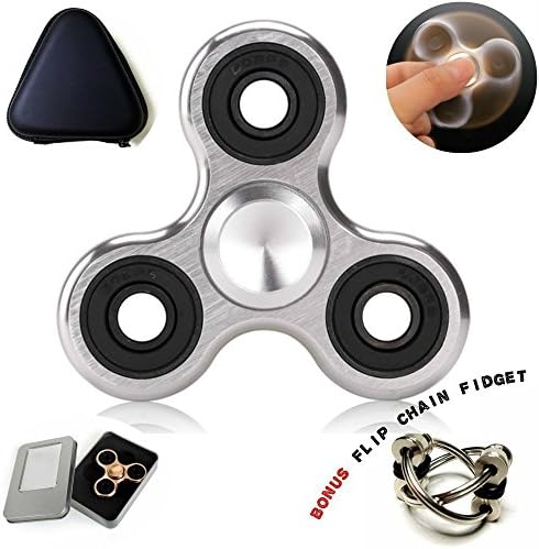 PREMIUM Silver Aluminum Tri Fidget Hand Spinner in Metal BONUS Travel Case AND Cool Finger Figit Flip Chain Toy - Best EDC Focus Anxiety and Stress Reducer Toys Set - 3/5 Minute Spin Time