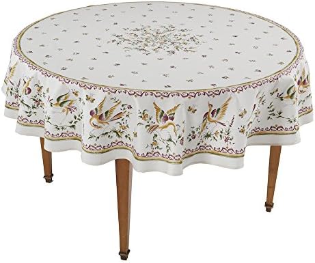 Moustiers Ecru/Rose Round French Tablecloth, Coated Cotton, 71 in diameter