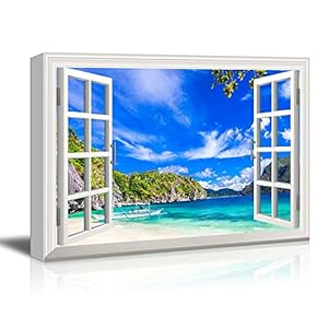 Creative Window View Canvas Prints Wall Art - Panorama of Beautiful Beach in El Nido, Palawan, Philippines - 24" x 36"