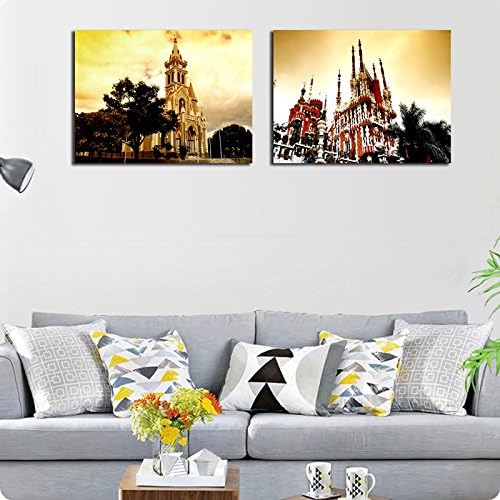 2 Pieces No Frame European Buildings Painting Churches Scenery for Modern Home Living Room Decorative Artworks Vintage Style City Landscape Posters( No Frame, 16x24inx2pcs)