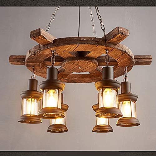 YiCan Vintage Imitation Ship Wooden Chandelier, American Industrial Style, Wood, Bar, E27*6, Diameter 78mm* Height 100mm, Wood Art, Wrought Iron, 220V Worth having