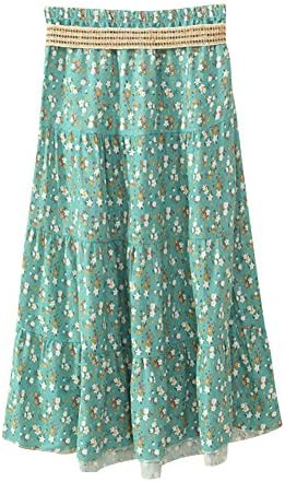 Women's Summer Casual Bohemian Style High Waist Floral Print Elastic Elasticated Waist Band Cotton Linen Long Maxi Skirt