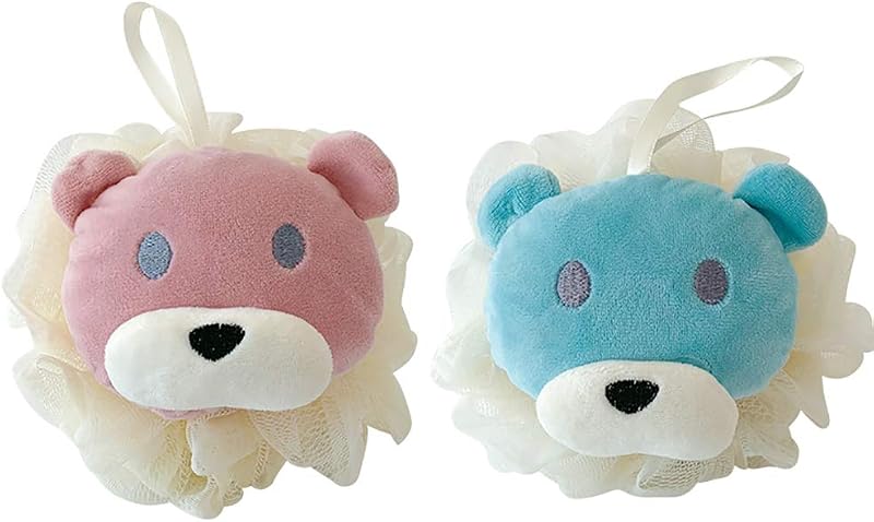 Omenluck 2Pcs Bath Loofah Flower Ball Back Scrubber Exfoliating Mesh Pink Blue