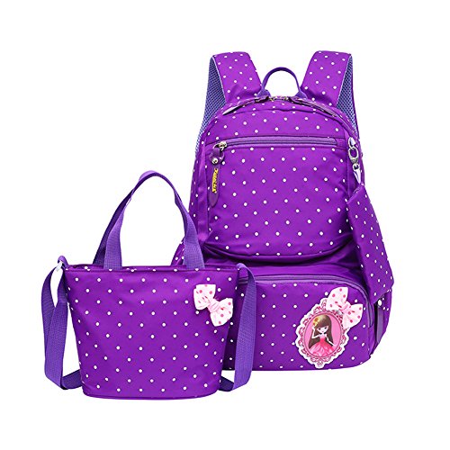 Moonwind Polka Dot School Backpack for Girls Kids Book Bags and Handbag Pouch (3 Pcs, Purple (Polka Dots))