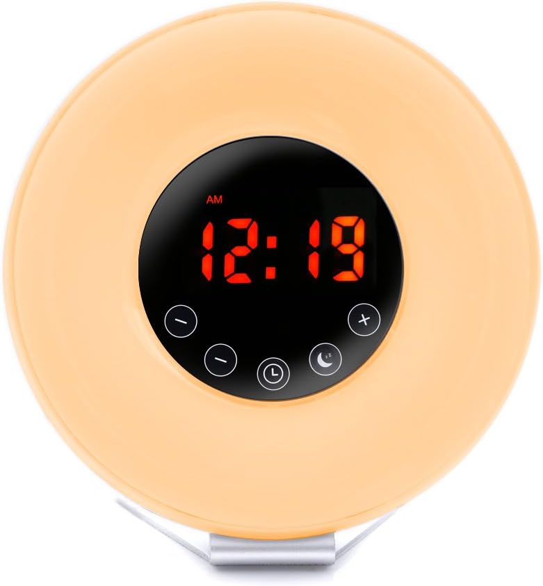Alarm Clock, 7 Colourful Bedside Lamp with Sunrise，Wake-Up Light Alarm Clock，Touch Control Morning Alarm Light with Snooze Function Night Light