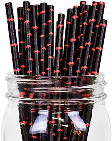 Black with Red Bats Set of 100 Count Size 7 3/4 inch Halloween Design Paper Drinking Straw Baking Sticks Cake Pop Sticks For Cake Pops, Lollipops, Crafts, Cupcake Toppers, Rock Candy and Brownie Pops