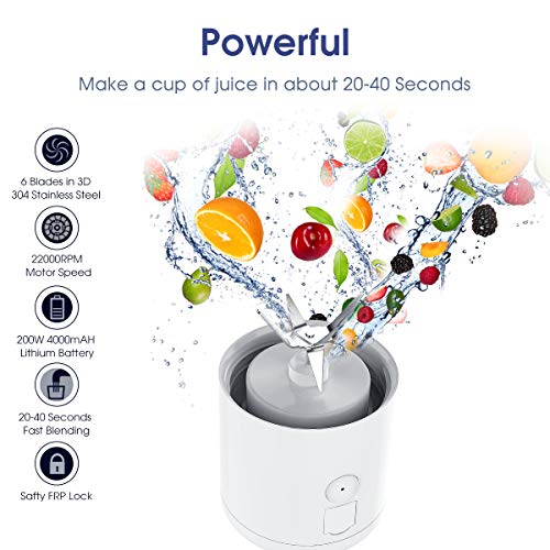 Portable Juicer Cup USB Battery Operated Blender - Six Blades in 3D, 16 oz, 4000mAh Rechargeable Battery Power Bank, 480ml Fruit Mixing Machine with Ice Tray FDA BPA Free (White) - Thumbnail 2