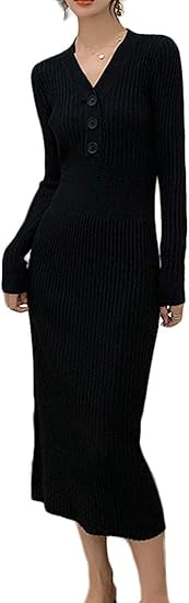 Amazon アイカ ロング丈 リブニット ヘンリー Vネック タイトワンピース ニット ワンピース 長袖 レディース 1サイズ M L相当 ブラック ワンピース チュニック 通販