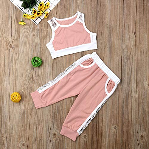 Toddler Baby Girl Solid Mesh Outfits Kids Sleeveless Sport Crop Tops Long Pants with Pocket Tracksuit Clothes (Pink,1-2T)