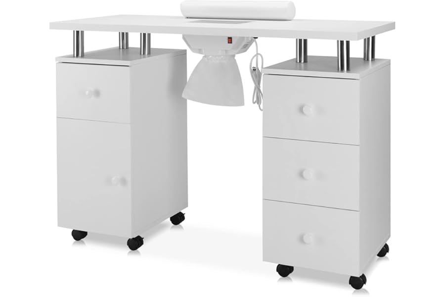 OmySalon Manicure Table Nail Desk for Nail Tech, Nail Table Beauty Salon Station w/Electric Dust Collector Acetone Resistant w/Lockable Wheel,Arm Rest