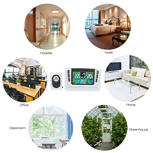 JIMEI Multi-Functional Digital Wireless Weather Station Forecaster with Alarm Clock Indoor and Outdoor Temperature Humidity Indicator Snooze LCD Color Display 116G
