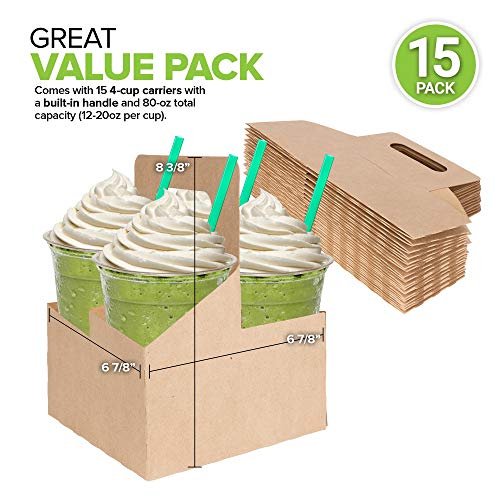 4 Cup Disposable Drink Carrier with Handle (15 Count) Kraft