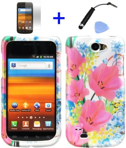 (4 items Combo: Stylus Pen, Screen Protector Film, Case Opener, Graphic Case) Silver Pink Blossom Flower Yellow Blue Hawaiian Flower Design Rubberized Snap on Hard Shell Cover Faceplate Skin Phone Case for (T-Mobile) Samsung Exhibit II T679