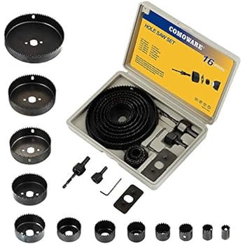 COMOWARE Hole Saw Kit for Wood- 16 Pieces 3/4''-5'' Full Set in Case with 1pcs Hex Key, 2pcs Mandrels and 1pcs Install Plate for PVC Board Plastic Plate Drilling Drywall and Soft Wood