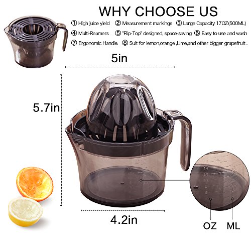 Citrus Juicer,Orange Lemon Manual Squeezer Hand Rotate Lime Press Juicer,Anti-Slip Non-Marking Silicone Base and Ergonomic Handle,Multi-Size Reamers,17-Ounce Capacity,Black(Free Sent A Sticky Notes)