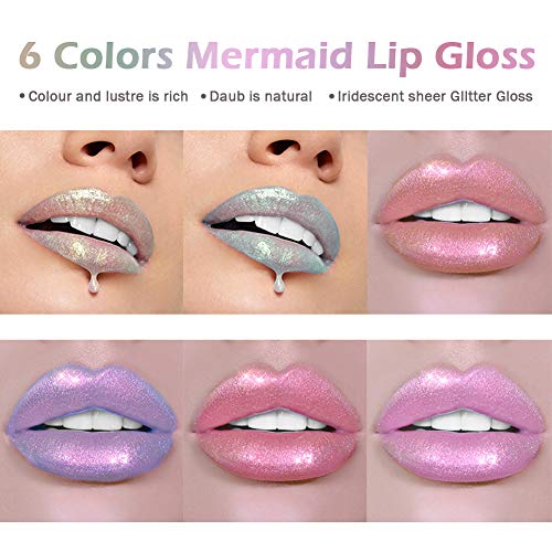 Glitter Liquid Lipsticks Set of 6 Diamond Shimmer Metallic Lipstick Waterproof Long Lasting Shinning Iridescent Mermaid Shimmer Lip Gloss Face Eye Cosmetic Glow Shimmer Makeup Kit (6 Pcs)