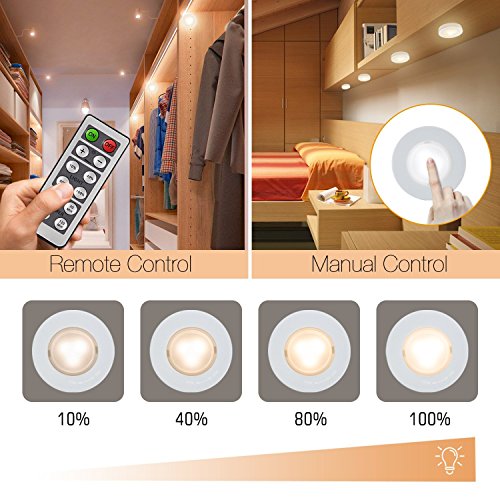 [- SAKING LED Under Cabinet Lighting, Wireless LED Puck Lights with Remote Control, Dimmable Closet