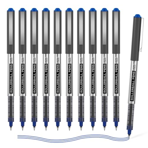 Shuttle Art Rollerball Pens, 10 Pack Blue Liquid Ink Pens, 0.5mm Extra Fine Point, Quick Drying for Writing Journaling Taking Notes School Office