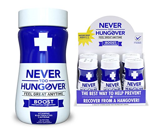 Never Too Hungover - 6 pack of 3.4 oz bottles - Hangover Recovery/Prevention Drink with Caffeine, Double B-12 - Sugar Free & Low Calorie Never Too Hungover - 6 pack of 3.4 oz bottles - Hangover Recovery/Prevention Drink with Caffeine, Double B-12 - Sugar Free & Low Calorie