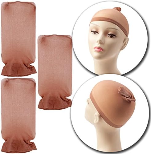 Set Kit of 3pcs Stretchable Plain Design Wigs Caps Breathable Elastic Hair Stockings In Dark Flesh Skin Color
