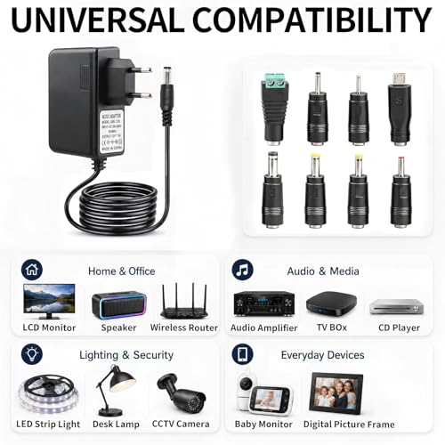 Adaptador de Corriente 12V 3A 36W Fuente de Alimentación AC DC, Cargador Universal con Conector 5.5x2.1 mm y 8 Enchufes DC, para Cámaras CCTV, Tiras LED, Router WiFi, Monitor LCD, TV Box y Altavoces