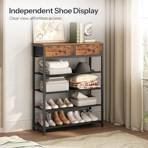 HOOBRO 5 Tier Shoe Racks for Entryway, Free Standing Shoe Shelf with 2 Non-Woven Drawers, Narrow Shoe Rack Shoe Organizer with 4 Oxford Shelves, 12-16 Pair of Shoe, Rustic Brown EBF78XJ01