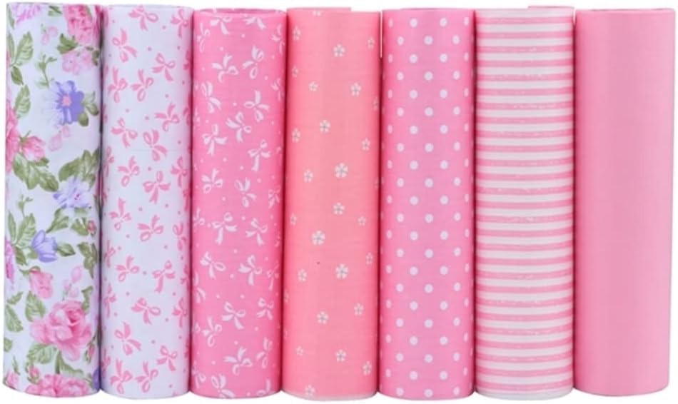 Lulizzie 7pcs/Lot (16"x20") Pink 100% Cotton Fat Quarters Fabric Bundle for Quilting, Scrapbooking, Arts & Crafts, DIY Projects, Collage with Small Scattered Dots with Floral Elements Pattern