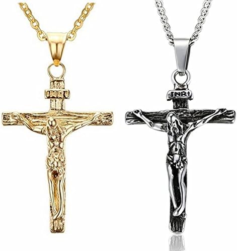 Stainless Steel Cross Necklace Jesus Christ Crucifix Pendant for Men and Women (Gold and Silver)