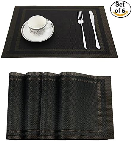 Yongle Store Placemat Set of 6 PVC Placemats for Dining Table Heat Insulation Stain-resistant Woven Vinyl Kitchen Placemat Simple Style Christmas Placemats Vinyl Placemats (Black-Gold, 6)