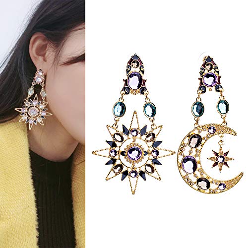 Set Auger Diamond Sun Moon Star Earring Pendant Purple Gems Hollow Out Asymmetrical Earrings