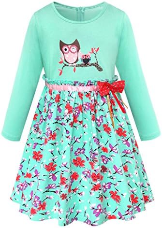 Girls Owl Printed Pure Cotton Long Sleeve Flower Pleated Graphic Dress, Green, 5-6Y