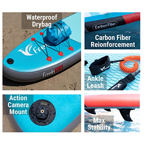Freein Explorer Inflatable SUP - Stand Up Paddle Board - 11' Long, 33" Wide, 6" Thick - Includes Adjustable Floating Paddle, Double Action Pump, Backpack, Ankle Leash, Repair Kit, Dry Bag