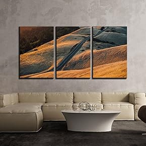 3 Piece Canvas Wall Art - Long Road Through Bare Hills at Sunset - Modern Home Art Stretched and Framed Ready to Hang - 16"x24"x3 Panels