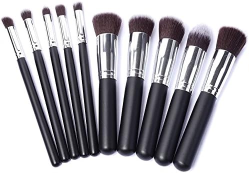 PPat Premium Makeup Brush Set Professional Wood Handle Synthetic Hair Kabuki Cosmetics Foundation Blending Blush Eyeliner Face Powder Brush kit(10pcs, Silver Black)