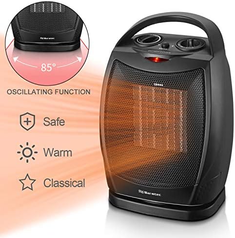 Warmtec 1500W Oscillating Ceramic Space Heater with Adjustable Thermostat,Portable Electric Heater Fan with Overheat Protection and Carry Handle (Black)