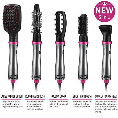 Hair Dryer Brush,ASOGO 5 In 1 Hot Air Brush Multifunctional One Step Hair Styler&Volumizer for Drying&Straightening&Curling&Styling Salon Negative Ion Hair Comb Blow Dryer Brush(Grey 110V US outlet)