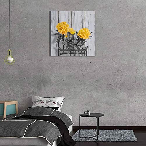 Yellow Flowers Wall Art for Living Room Decoration Three Peonies Blossoming in Glass Bottle Canvas Painting Black White Wooden Floral Prints Framed Beige Decor Picture 12×12 Inches Home Mural Artwork