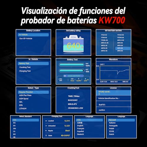 KONNWEI Probador de Batería de Coche con Impresora, Probador de Carga de Batería Automotriz de 12V 24V 10-2000CCA, Analizador de Batería de Arranque y Carga, Probador de Alternador para Coche, Camión