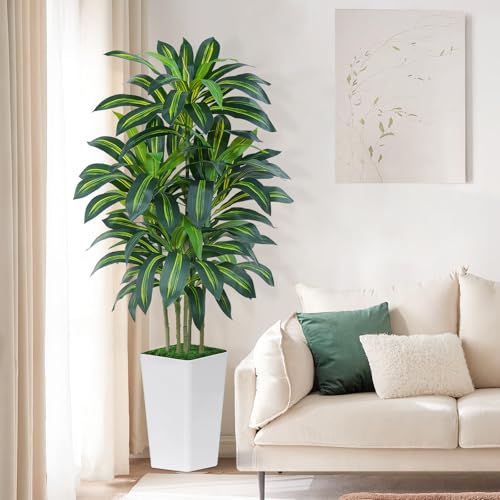 Keeplush Kunstpflanze Dracaena Pflanze 180cm mit Weißem Pflanzgefäß, Künstliche Pflanzen groß wie echt mit 108 Blätter, Kunstbaum groß für Innendekor Wohnzimmer Schlafzimmer Büro Garten Haus Decor