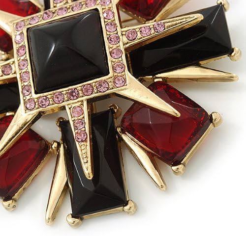 Victorian Style Black/Red Resin Stone Layered Cross Brooch In Gold Tone Metal - 75mm Across, black, red - Image 3