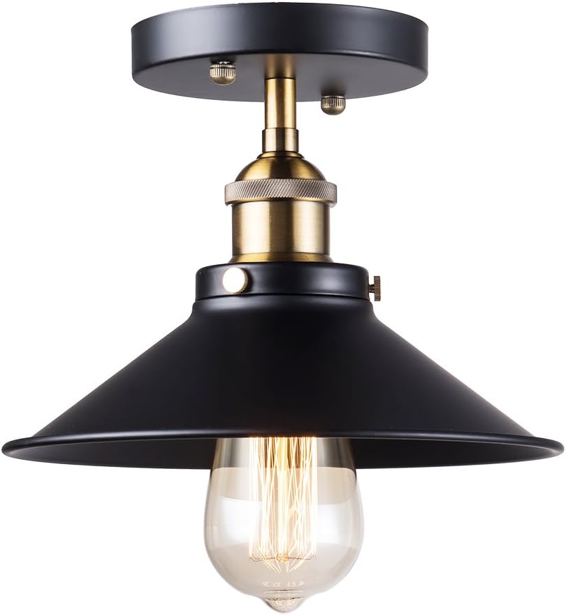YaQi Lighting Vintage Industrial Semi Flush Mount Ceiling Light Fixture, Rustic Farmhouse Style,Matte Black Metal, Retro Close to Ceiling Light Fixture for Kitchen Bar Bedroom Porch(No Bulb)