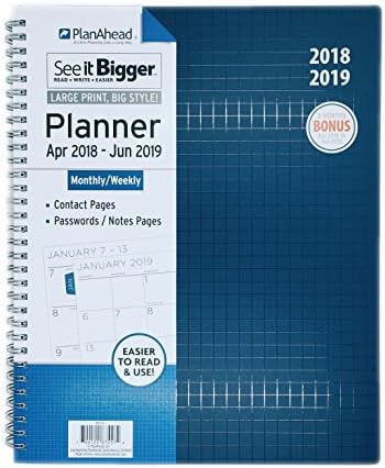 SEE IT BIGGER PlanAhead Large Monthly/Weekly Planner (April 2018 – June 2019) Assorted Colors (Grid Blue)