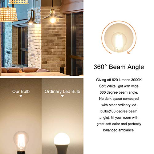 A19 LED Edison Bulb Dimmable 6W LED Filament Light Bulbs 60W Incandescent Equivalent Led Vintage Bulb 3000K Soft White 620LM E26 Medium Base Decorative Clear Glass for Home, Office, Cafes, 6 Pack