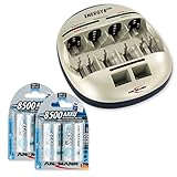 ANSMANN Energy 8 Plus Smart Battery Charger Universal Maintenance Station for AAA, AA, C, D, 9V + Rechargeable D Batteries (4-Pack)