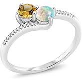 Gem Stone King 10K White Gold Forever United 2 Stone Yellow Citrine and White Simulated Opal and Diamond Engagement Ring For Women (0.68 Cttw, Round)