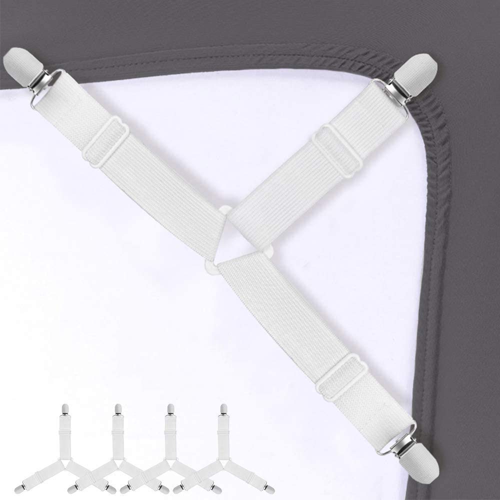 Ikruidy Adjustable Bed Bands 4 pcs WhiteBed Sheet Clips Elastic Triangle Sheet Fasteners Bedding Helper for Home Decoration