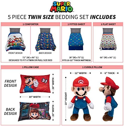 Super Mario themed bedding set including a comforter, pillow, and sheet.
