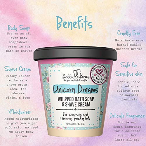 Bella and Bear - Unicorn Dreams 3 in 1 - Whipped Bath Soap & Shave Cream - Moisturizer for Women - SLS Free - Cruelty Free - Vegan - 6.7oz